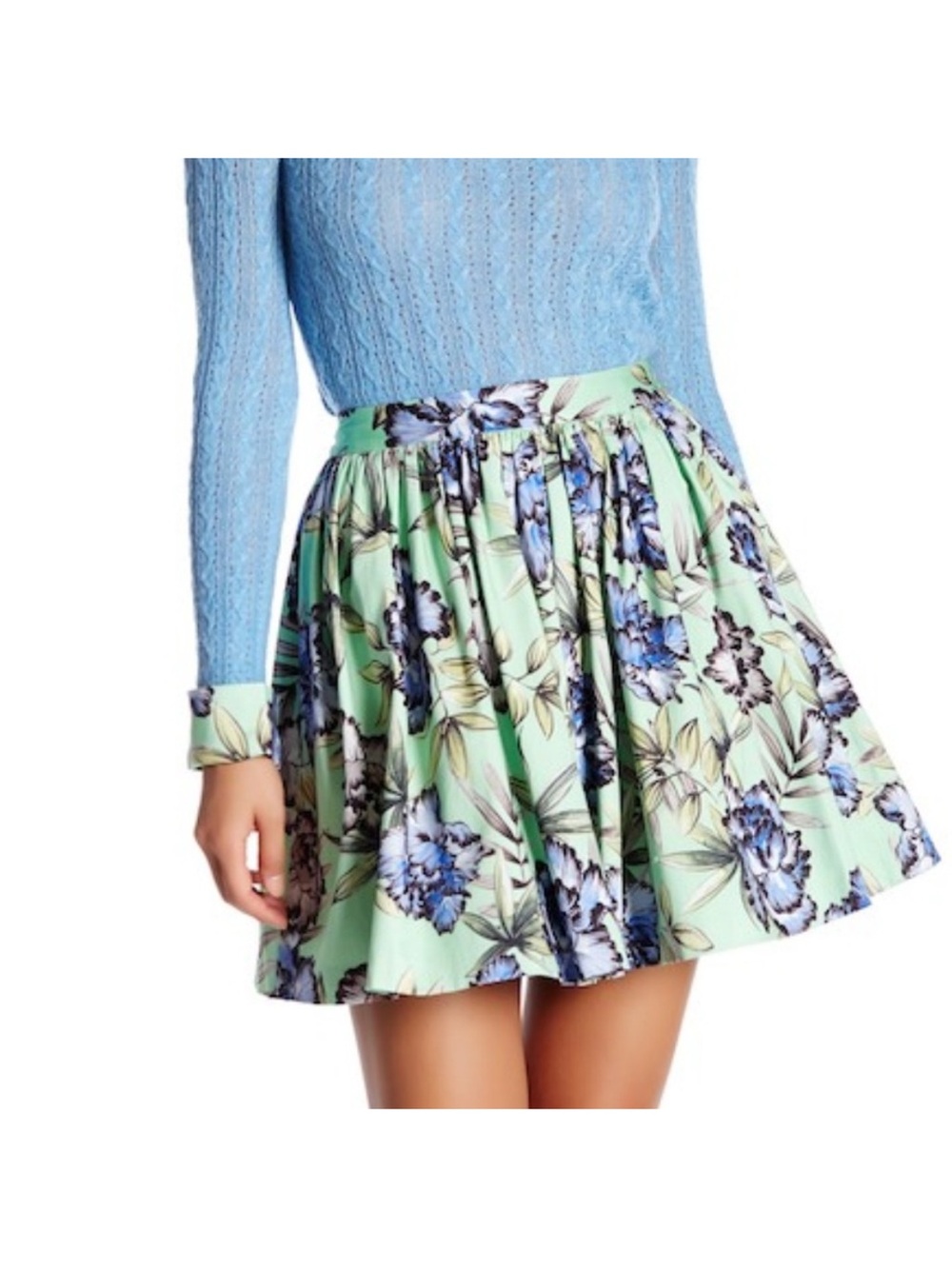 Alice + Olivia Green Floral Print Cotton Flared Tania Mini Skirt puff S